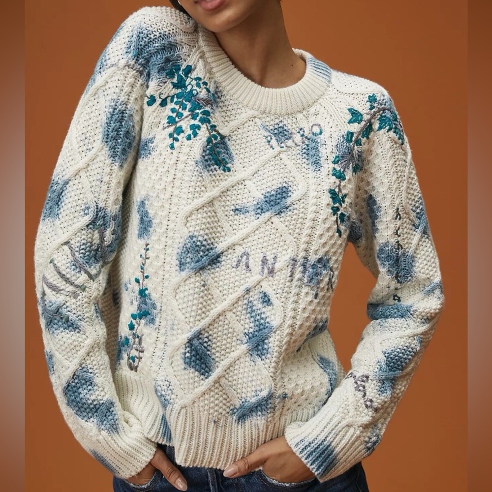 NWT Anthropologie Pilcro Blue White Floral Embroidered Cable Knit Sweater M - Picture 2 of 9